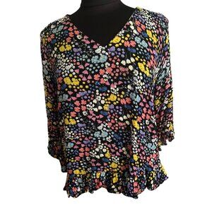 Cynthia Rowley Floral Print V-Neck Blouse 3/4 Sleeve Ruffle Hem  Size S